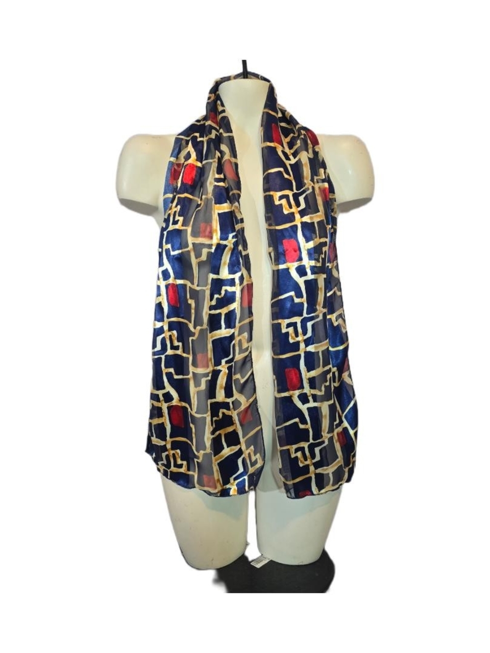 Navy Geometric Silk Scarf with Red Accents